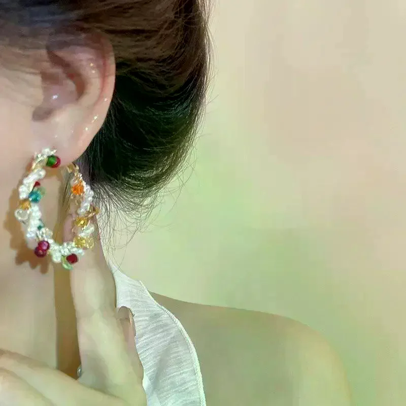 Colorful Dopamine Hoop Earrings For Women New Wrapped Beaded Earcuffs Large Circle Earrings Unique Chunky Threader Ear Jewelry