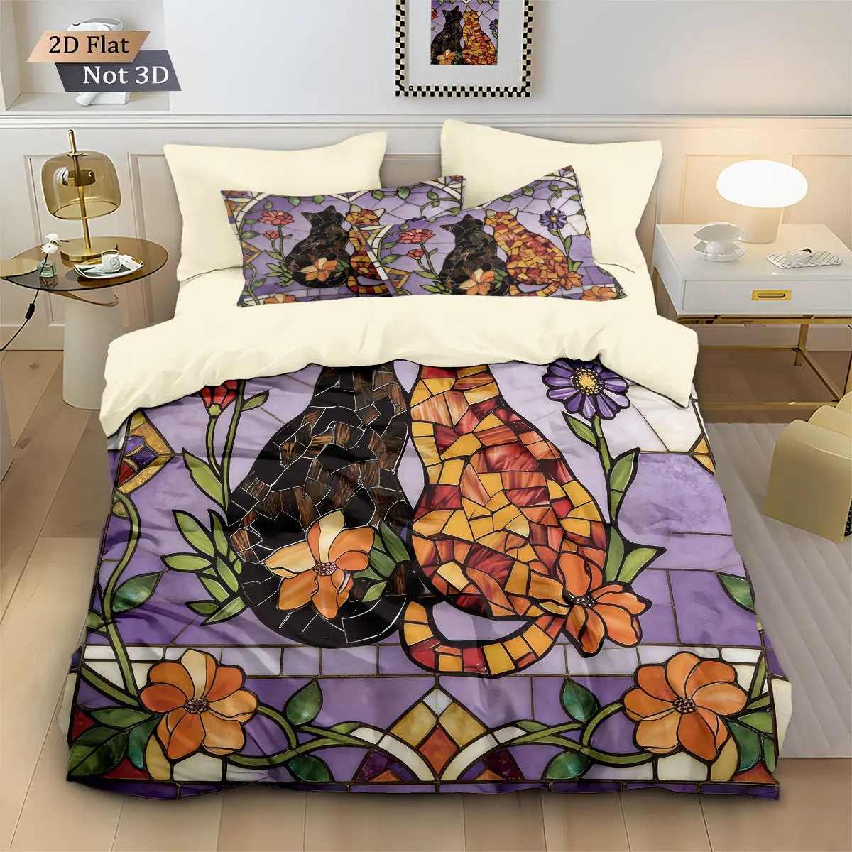 3 قطعة الزجاج التقليد رسمت لطيف القط طباعة Coreless أسفل حاف مجموعة غطاء لينة غرفة نوم الفراش الديكور آلة قابل للغسل