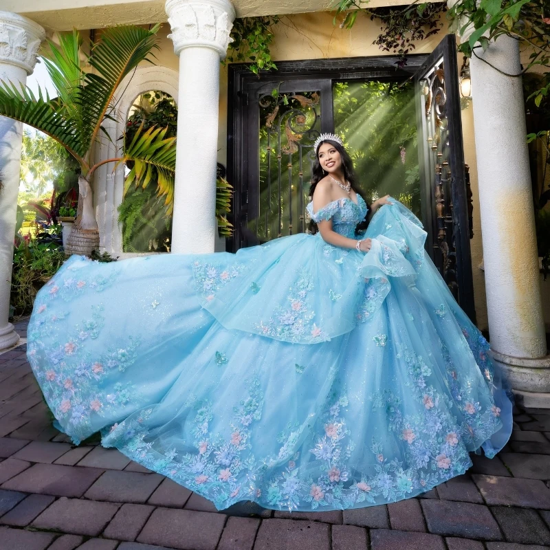 Mexican Sky Blue Shiny Quinceanera Dress 3D Floral Applique Beads Birthday Party Formal Sweet 16 Dress Vestidos XV 15 Años