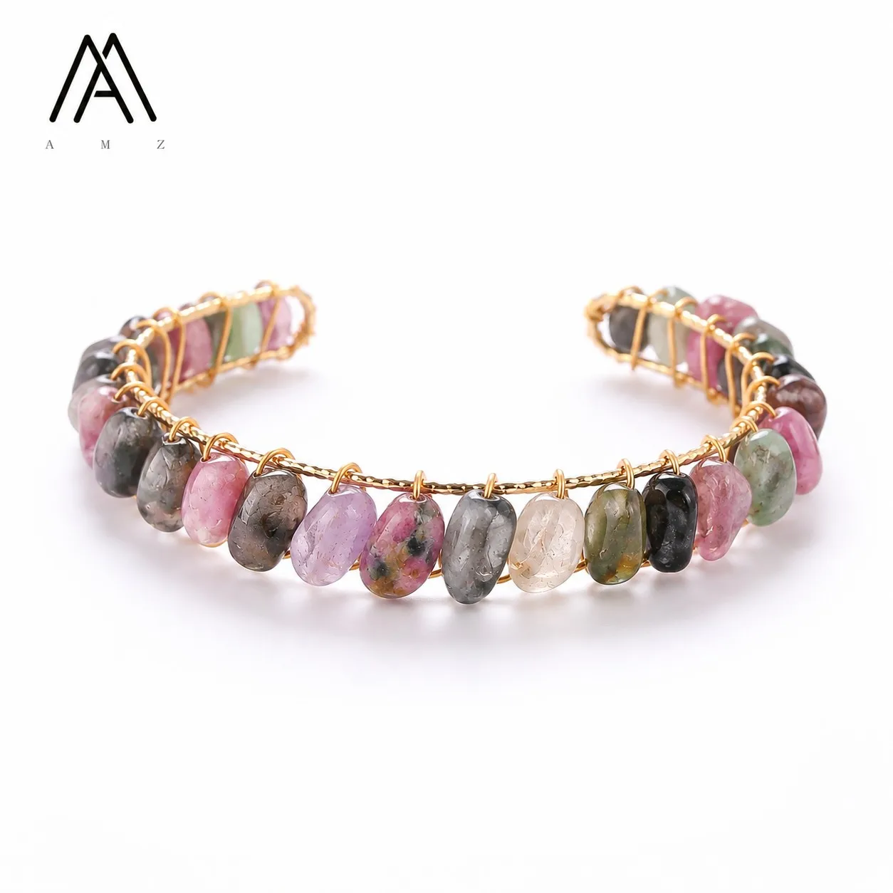 Boho Style Rainbow Tourmaline Cuff Bracelet Women's Chips Balance Stone Crystal Cuff 18K Gold Plated Multi Tourmaline Jewelry