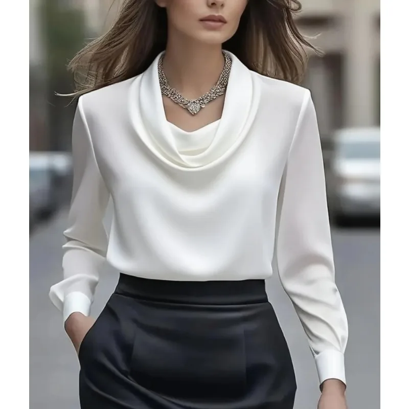2025 Nieuwe Satijnen Vrouwen Shirt Vintage Lange Mouw Blouse Zijde Elegante Dames Tops Woon-werkverkeer Wit Volledig Shirt Herfst Vrouwelijke Kleding