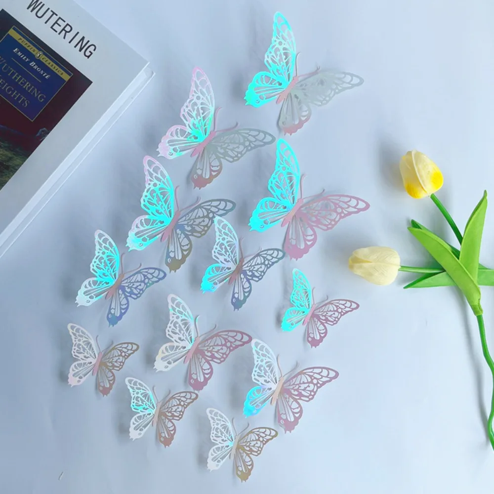 12pcs/set Colorful Hollow Butterfly Sticker Exquisite Paper 3D Butterfly Wall Decor Cartoon DIY Simulation Butterfly Ornaments