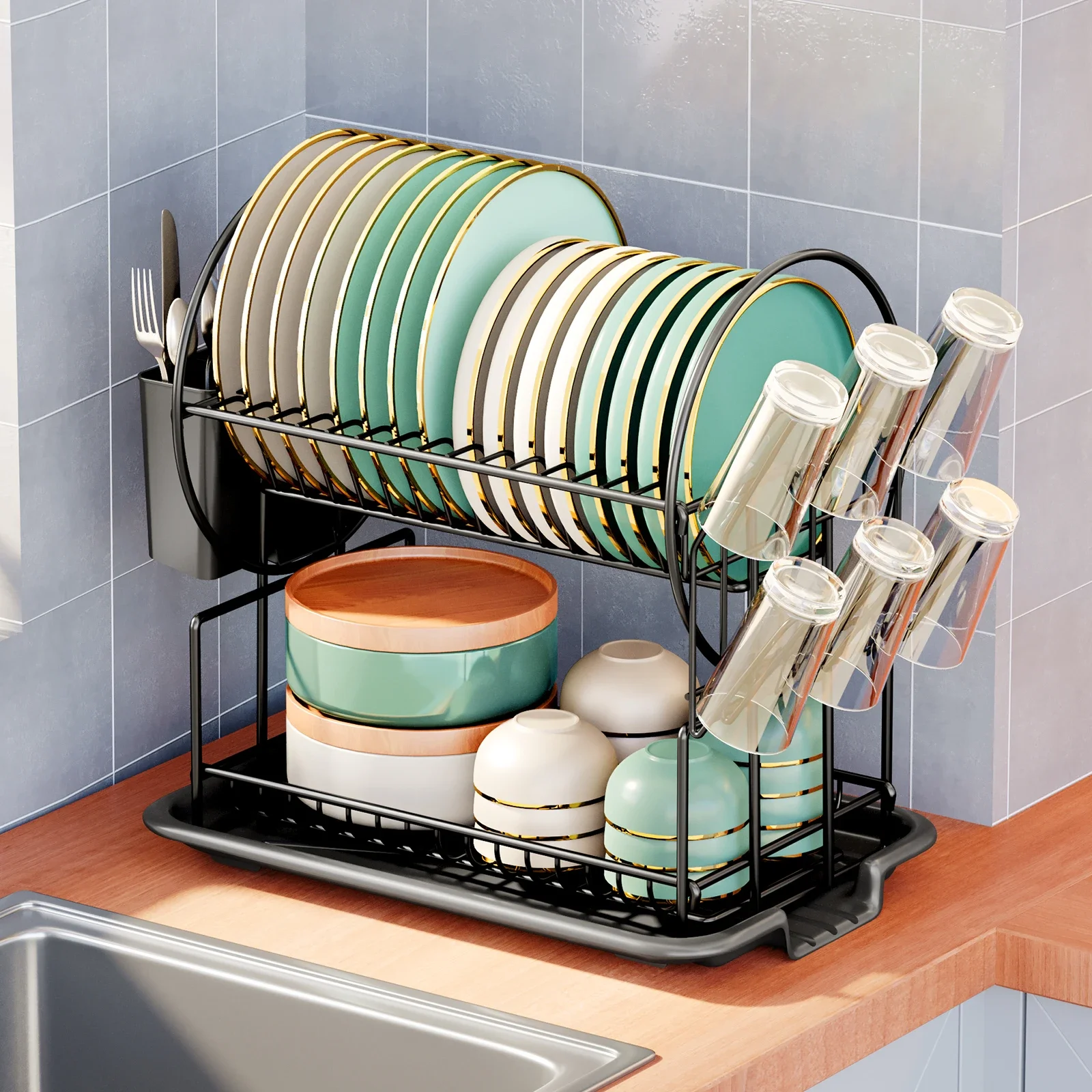 2 Tier Dish Drying Rack Drain Board Set Tableware Drainer Kitchen Countertop Storage Rack Cup Holder Knife and Fork Holder