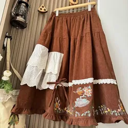 Vintage Corduroy Patchwork Lace Embroidery Long Skirt for Women Lolita Sweet Mori Girl Retro Midi Skirt