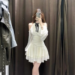 Summer Elegant Dresses Women Korean Fashion Off Shoulder Hanging Neck Dress New Holiday Fairy Slim Princess Vestidos Chic