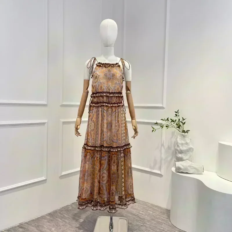 2023 Summer New Collection Khaki Print Flora Vintage Ruched Spaghetti Strap Dress for Women