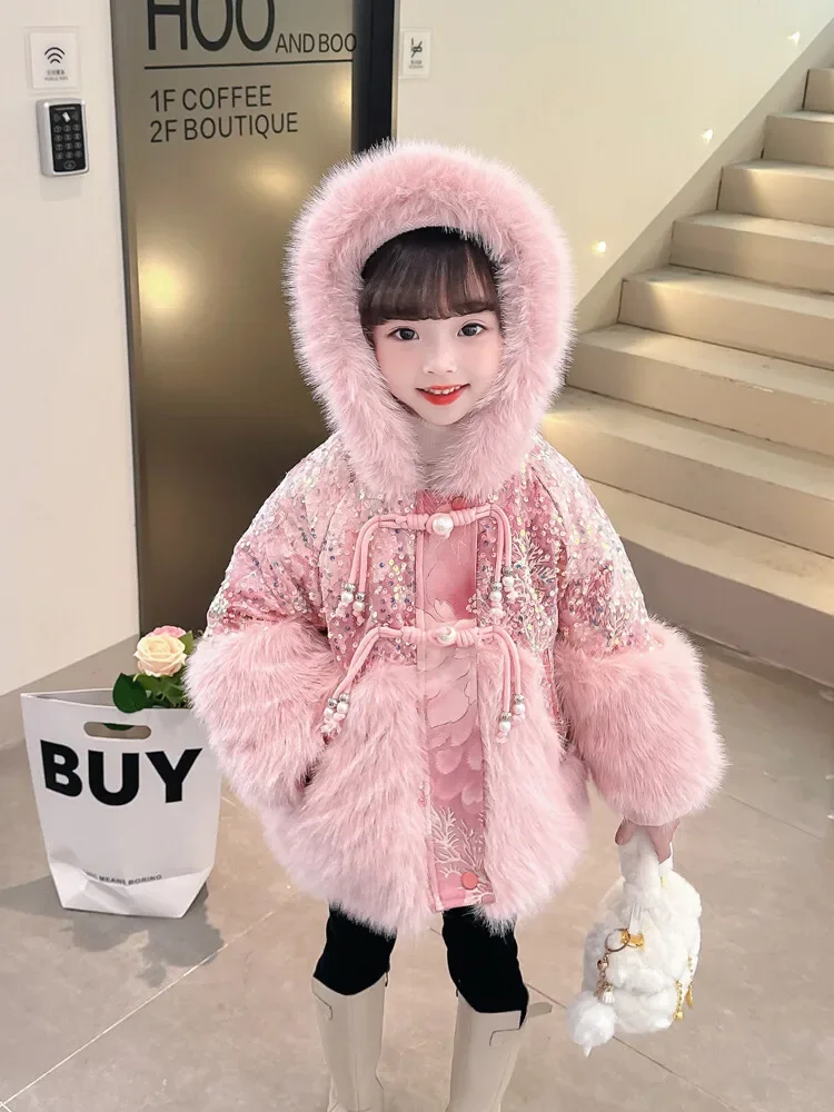 Baby Girl Fur Coat Children Autumn Winter Sweet Sequins Hooded Coat Jacket Kids Girl Princess Thick Cotton Outerwear 2-10 Year