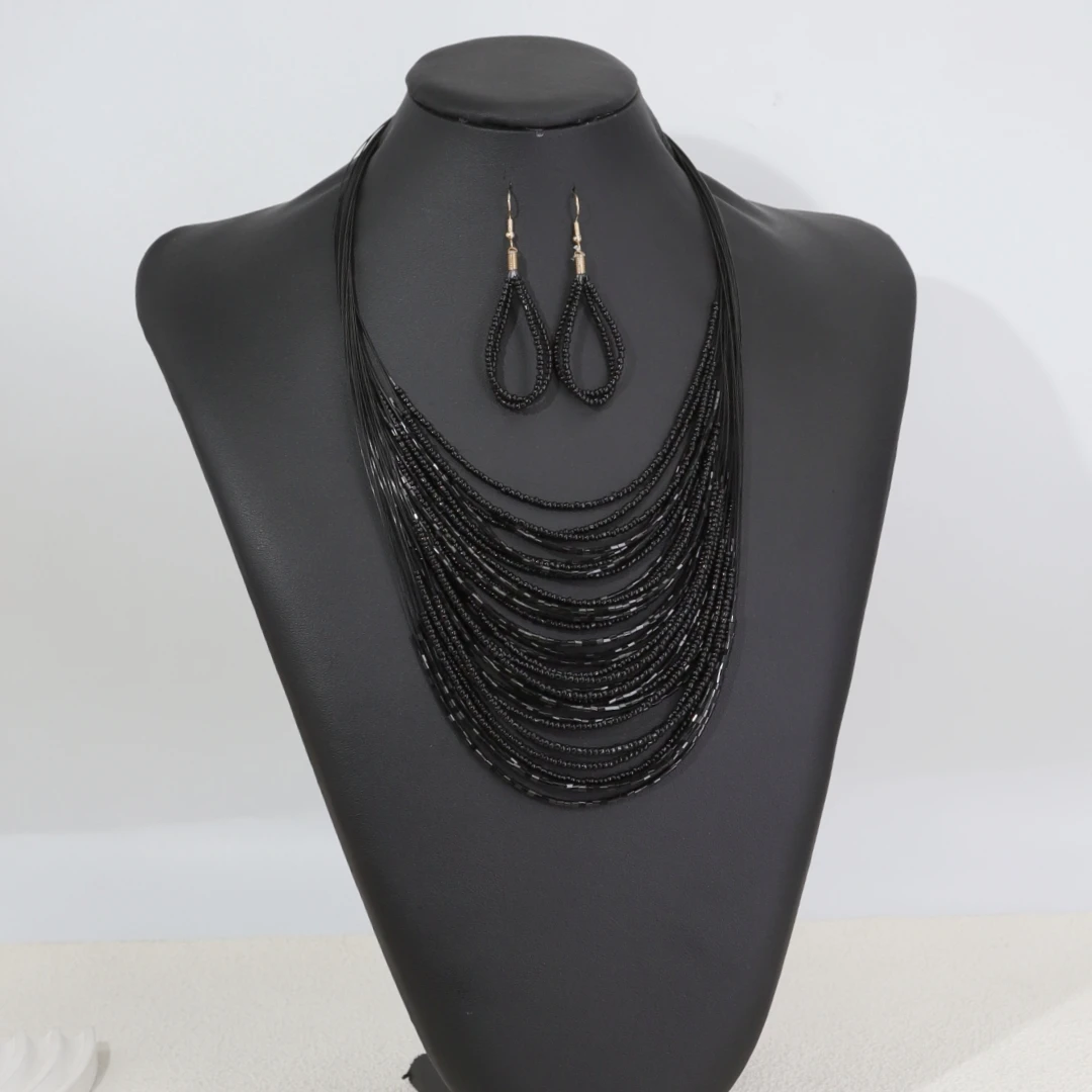 3-Piece Bohemian Multi-Layer Black Fishing Line Rice Bead Necklace Set, Women's Fashionable Jewelry Set