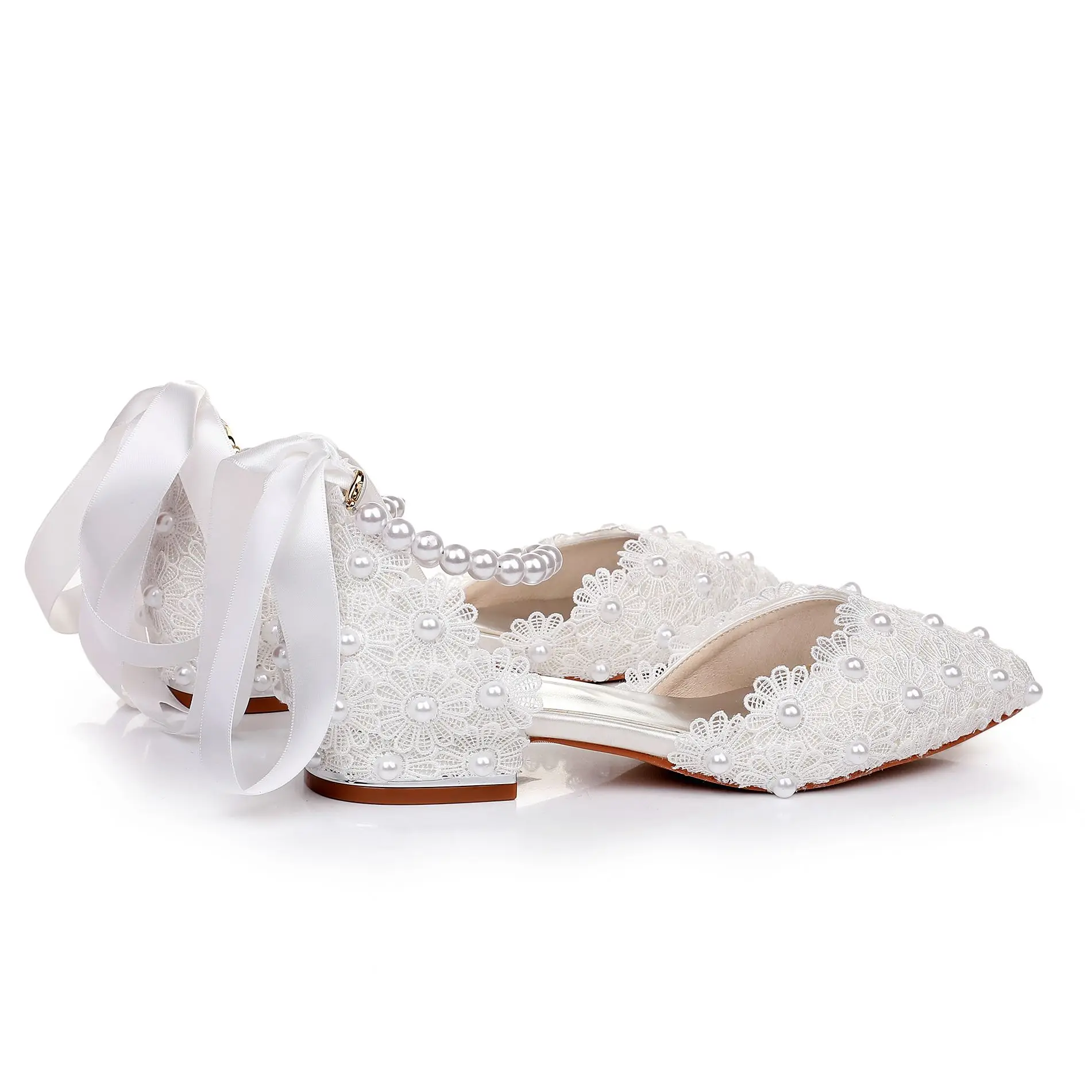 Crystal Queen Fashion Sexy Elegant High Heels Ankle Strap Party Sandals Women White Pearl Rhinestone Lace Wedding Shoes view 6