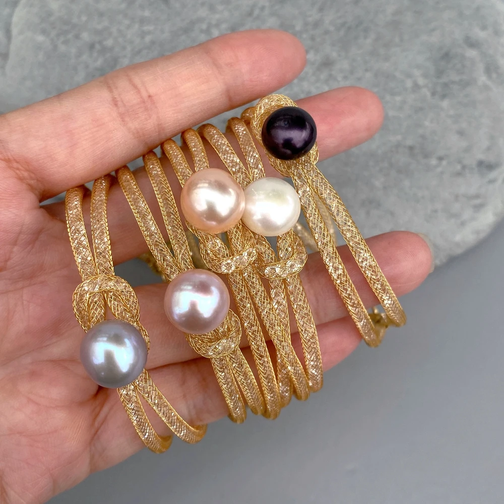 YYGEM 5 Pcs 10mm Natural Freshwater Pearl Copper Gold Plated Chain Bracelet 3