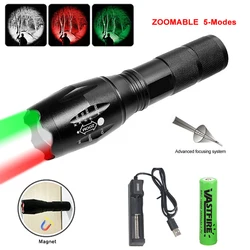 Tri-Color Flashlight 5 Mode Green/Red/White Powerful LED Zoomable Hunting Tactical Torch Lamp Button magnets+Battery+Charger