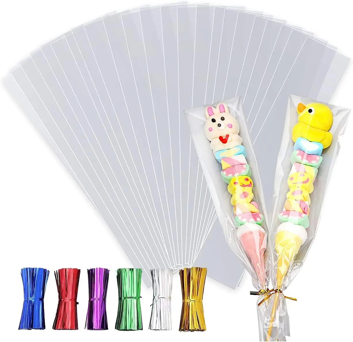 

100 Pcs Clear Cellophane Treat Bags 3x11 Inches with 6 Color Twist Ties for Party Gift Wrapping