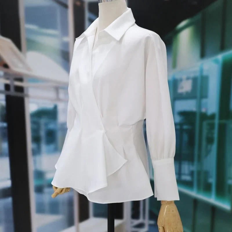 Korean Elegant Shirt Female Spring Fall Long-Sleeved Chic Slim White Shirt Fashion Pleated V-Neck Skinny Office Lady Tops