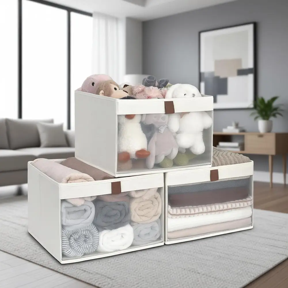 

Extra Large Clear Window Storage Bins with Handles, 3-Pack Beige Fabric Organizers for Clothes and Shelves