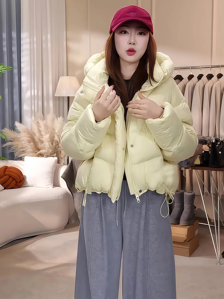 

Корейская желтая короткая пуховая куртка для женщин, зимнее пальто, теплая верхняя одежда с капюшоном, 90% белый утиный пух