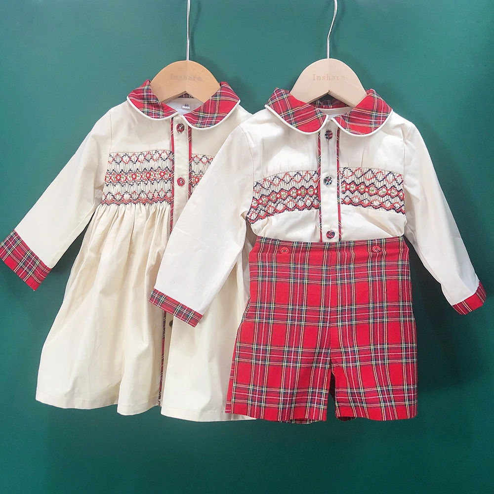 Children Christmas Clothing Boys and Girls Handmade Smocking Set and Dress Siblings Red Plaid Cotton Long Sleeve Holiday Outfits