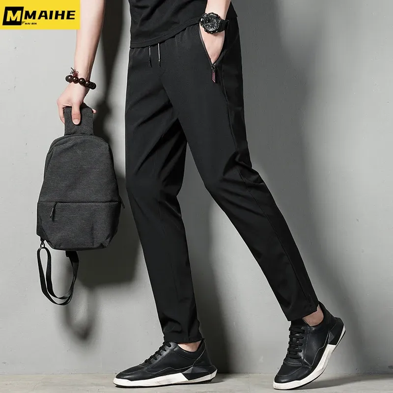 Casual Men's Pants Spring and Summer Slim-fit Thin Fashion Ice Silk Straight Pants Men's Jogger Nylon Quick-drying Sports Pants