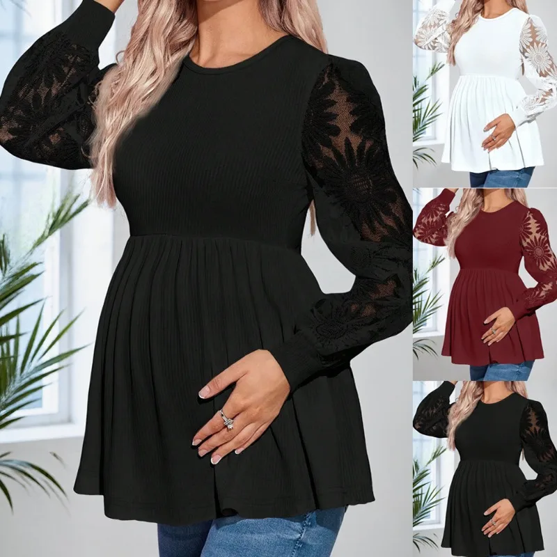 Lace Patchwork Lantern Long Sleeve Pullover for Pregnant Woman Round Neck Ribbed Babydoll Loose Maternity T-shirt