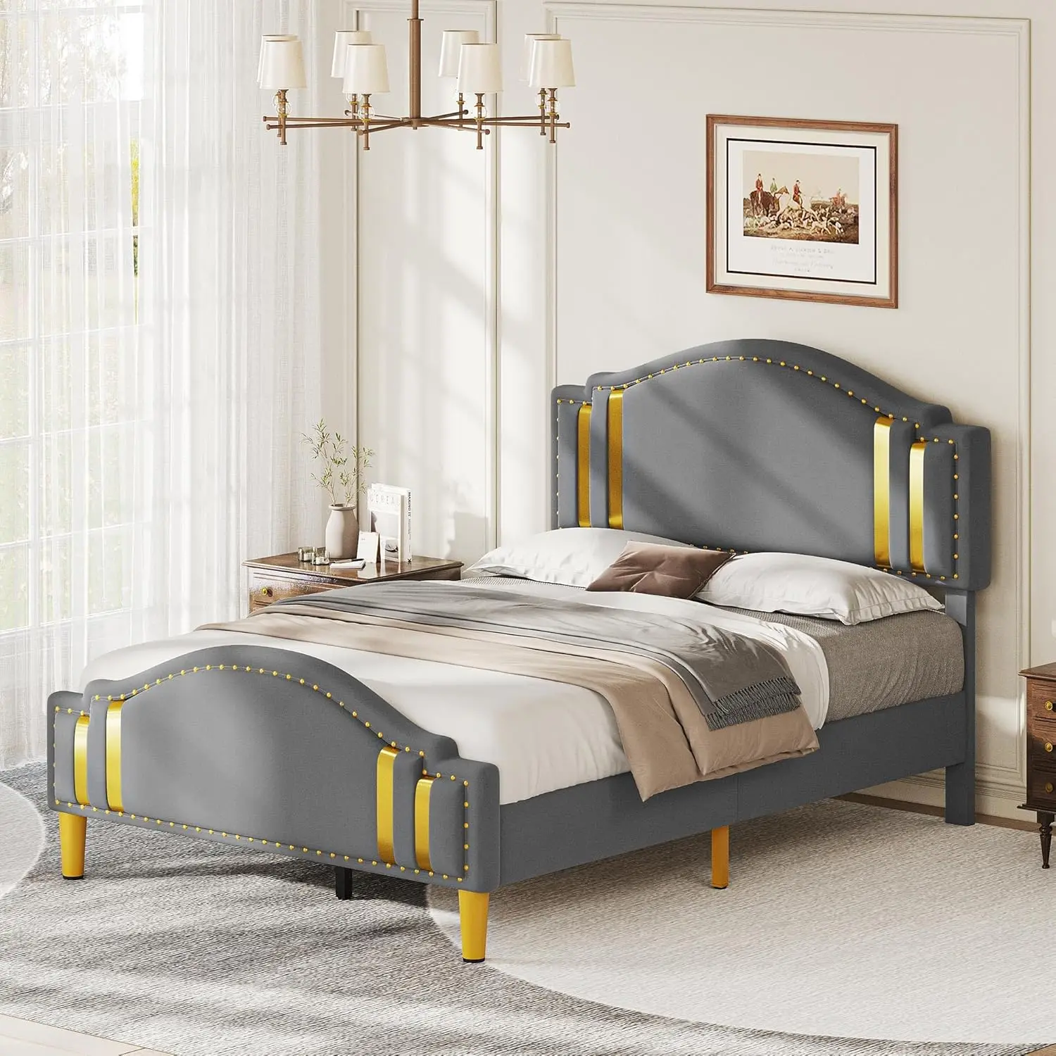 Dwvo Queen Size Velvet Platform Bed Frame, Curved Upholstered Headboard And Footboard, Gold Rim And Rivets, Stable Metal Base &