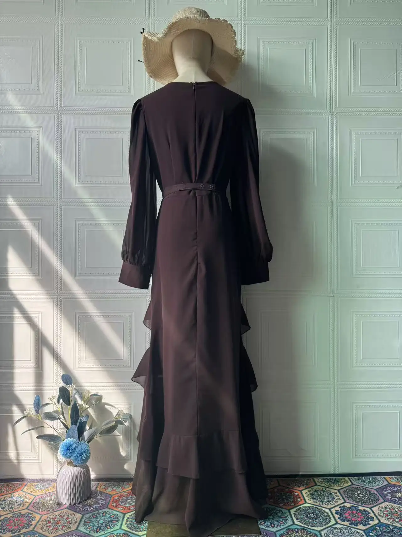 Elegant Solid Layered Ruffle Long Dress Women O Neck Long Sleeve Belt Chiffon Maxi Dress Autumn Wedding Guest Evening Party Robe