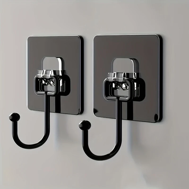 4Pcs 2 Adhesive Strips & 2 Black Self-Adhesive Hooks Heavy Duty Waterproof Kitchen Bathroom Towel Key Coat Plastic Hook