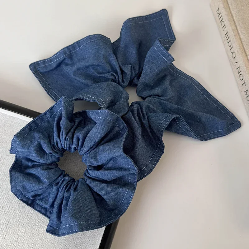 Retro Denim Blue Hair Scrunchies Lady Fashion Square Scarf Headband for Women Temperament Hair Rope Tie Ponytail Rubber Band New