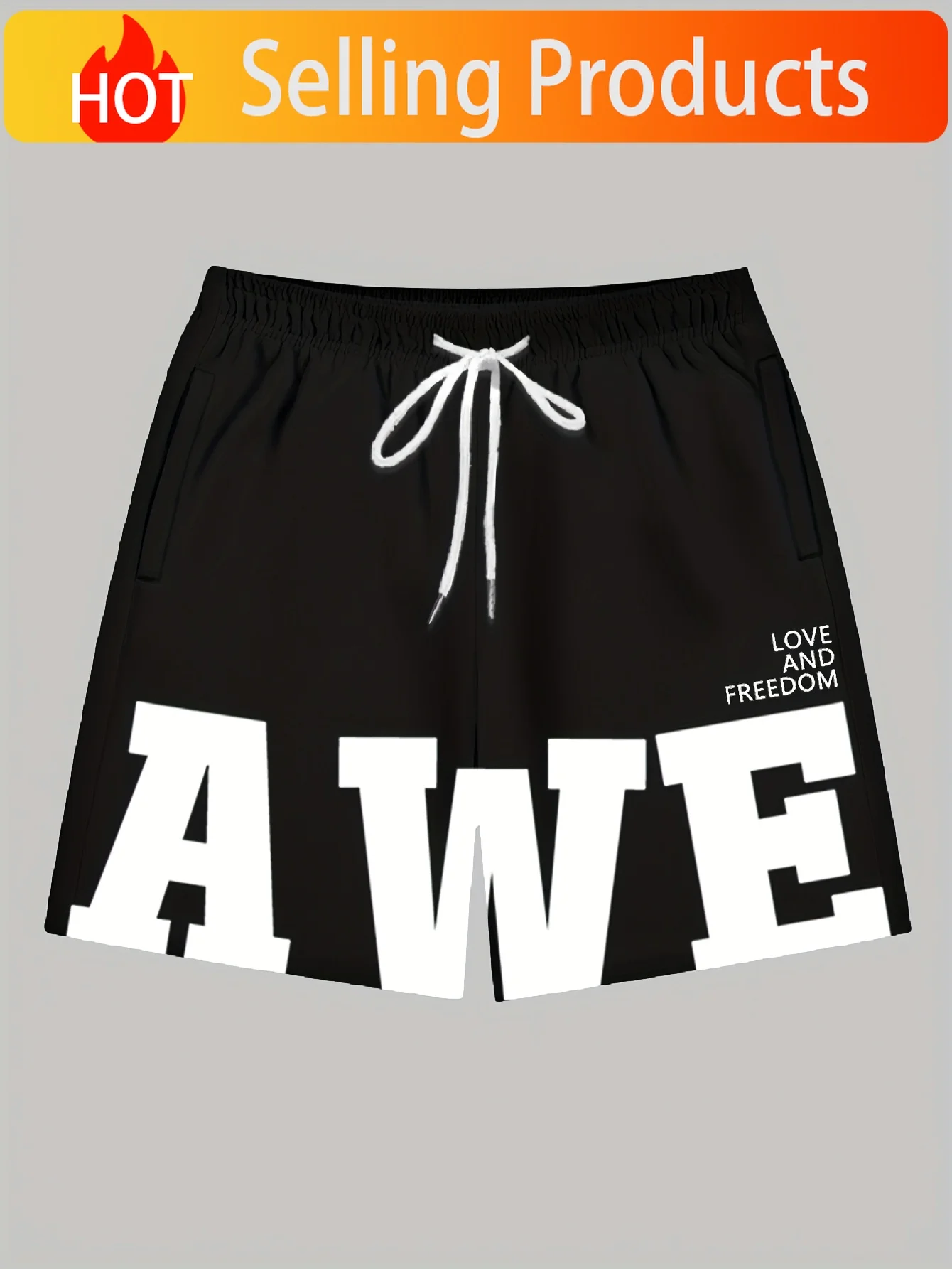 [Printed Design - Not Textured] Plus Size Men's Casual Shorts, Polyester, Non-Stretch, Drawstring, Letter Pattern, Regular Fit,