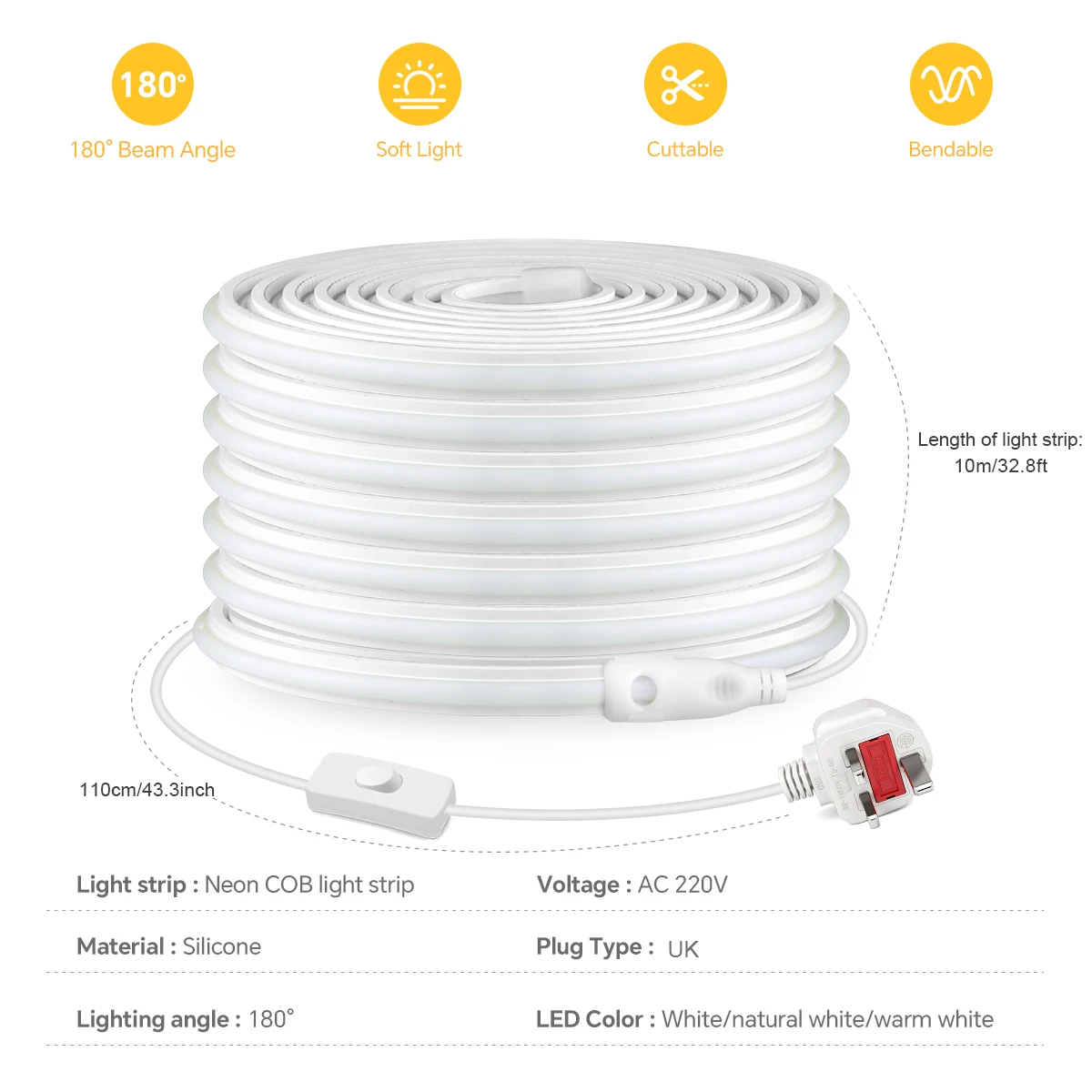 220V Neon Light COB LED Strip 280LEDs/m Waterproof Fireproof Stickable Safe Silicone Hose For Kitchen Outdoor Garden Decor Lamp