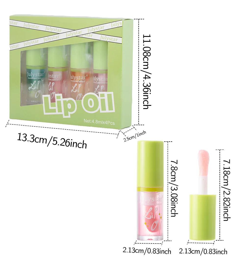 カンタロープ リップオイル 4本セット、保湿・潤い、大きなヘッドブラシ付きリップバーム、ミラー付き保湿、リップグロス、リップケア、ビューティー