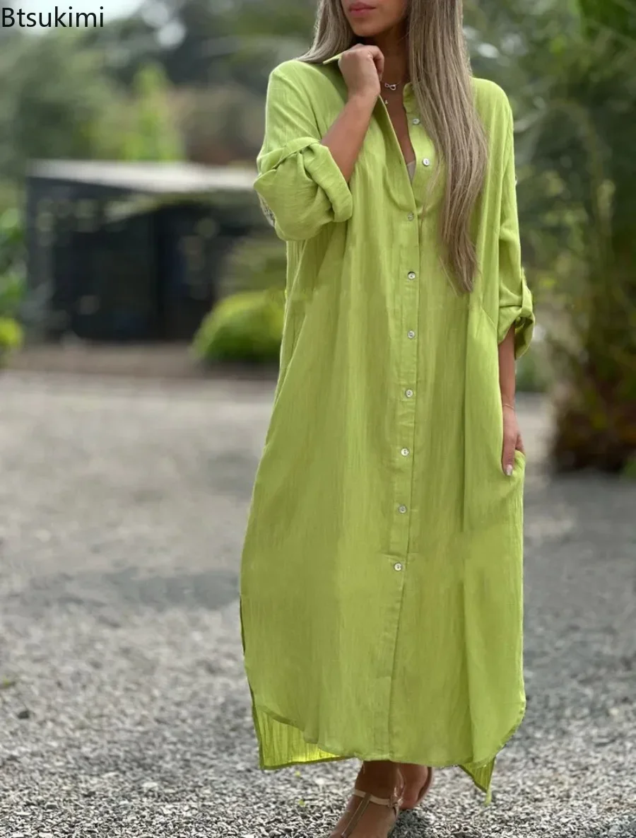 2025 Abiti lunghi casual in lino di cotone da donna Abito lungo monopetto a maniche lunghe solido Abito lungo cardigan allentato da vacanza
