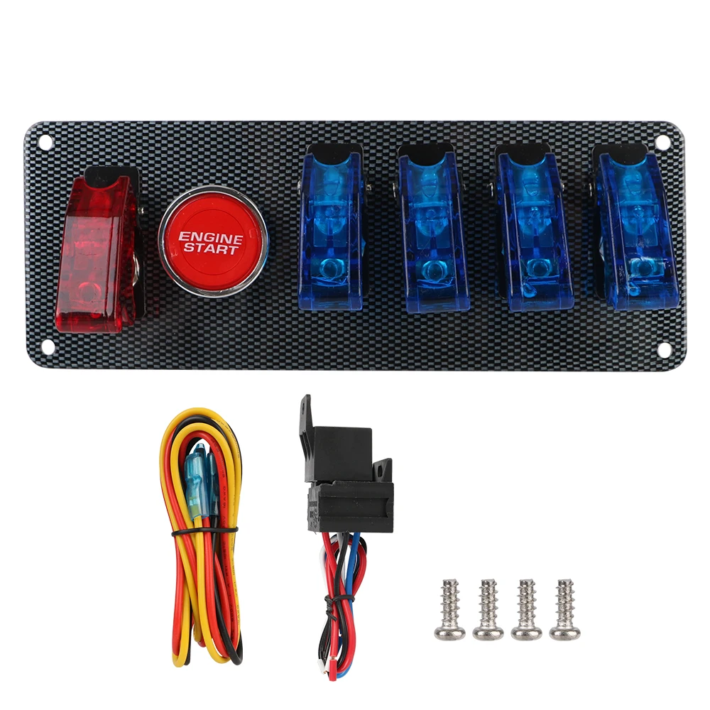 4 Blue & 1 Red Racing Car Engine Switch 12V Auto LED Toggle Ignition Switch Panel Start  On/Off  Push Set Kit