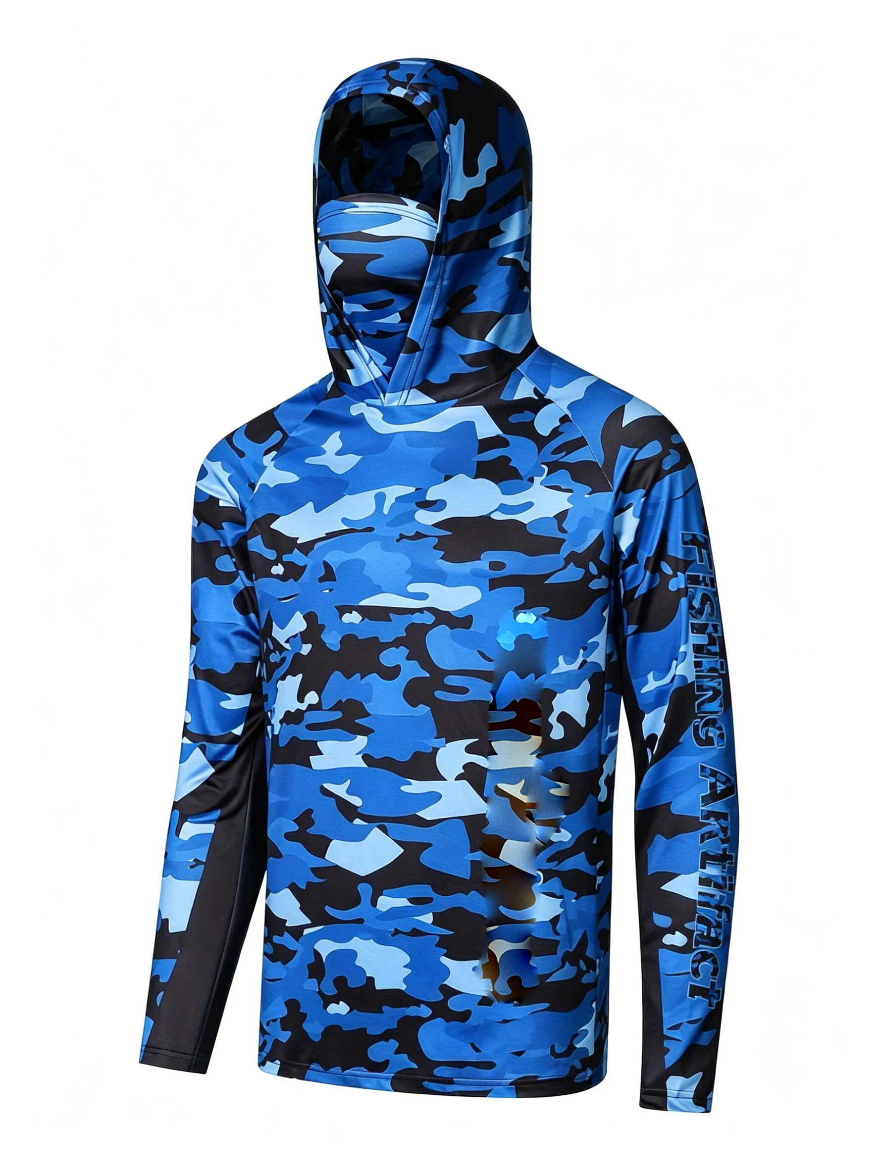 UPF50+ Blue Camo Men Fishing Hooded Shirt, Quick‑Dry Sun Protection Long‑Sleeve Top with Face Mask