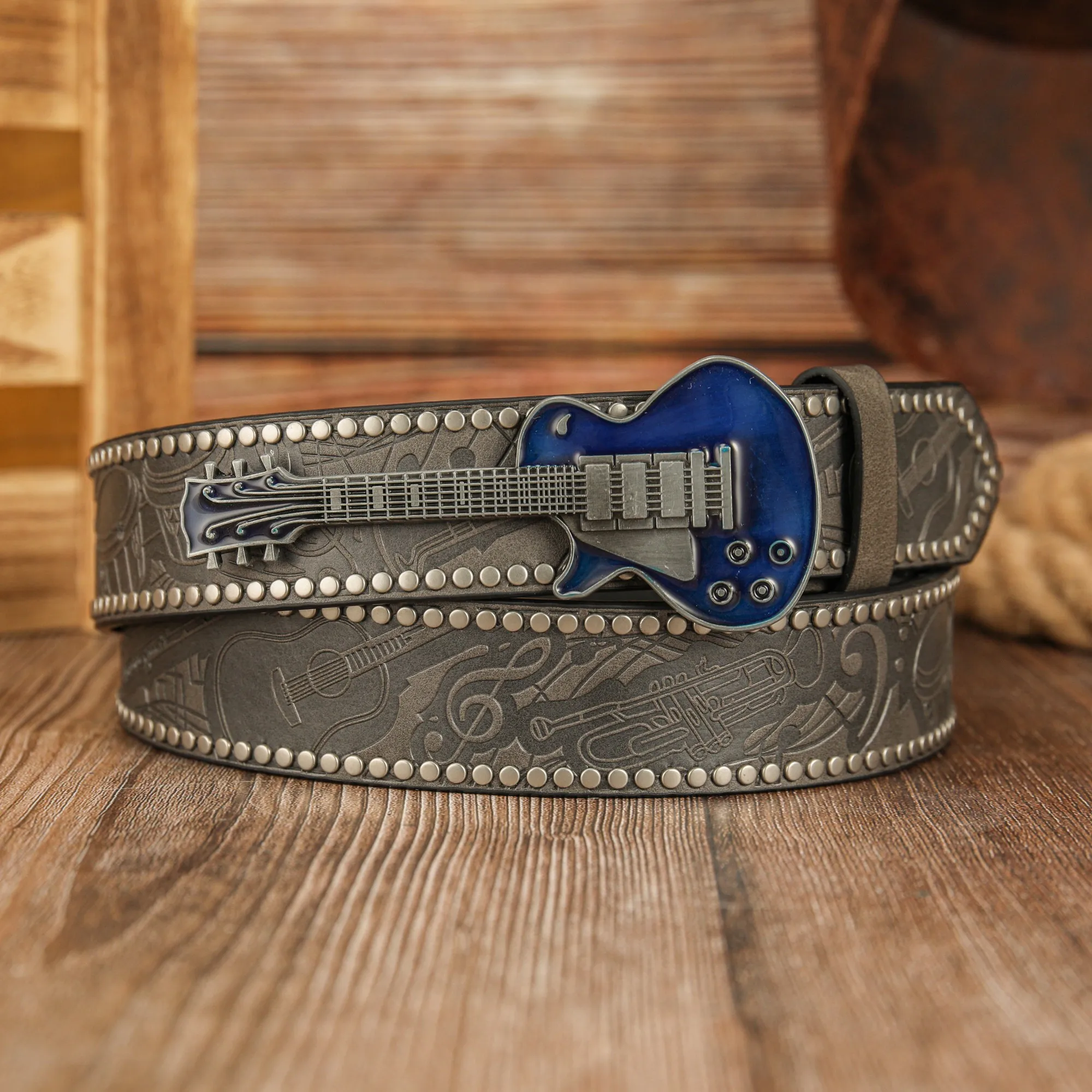 Öltropfen-Gitarren-Schnalle aus Zinklegierung, Retro-Trend-Gitarrennoten, PU-geprägter Nietengürtel, Unisex-Gürtel – Detail 5