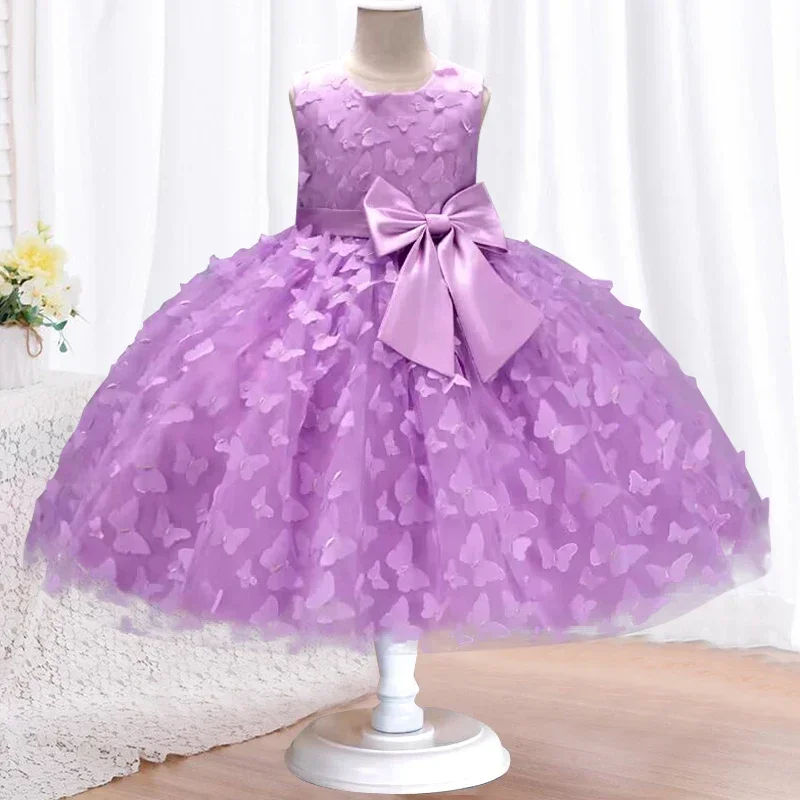 Girls' 3D Butterfly Sleeveless Princess Dress 3-10 Year Old Children's Bowknot Mesh Dress Model Walk Show Performance Dress