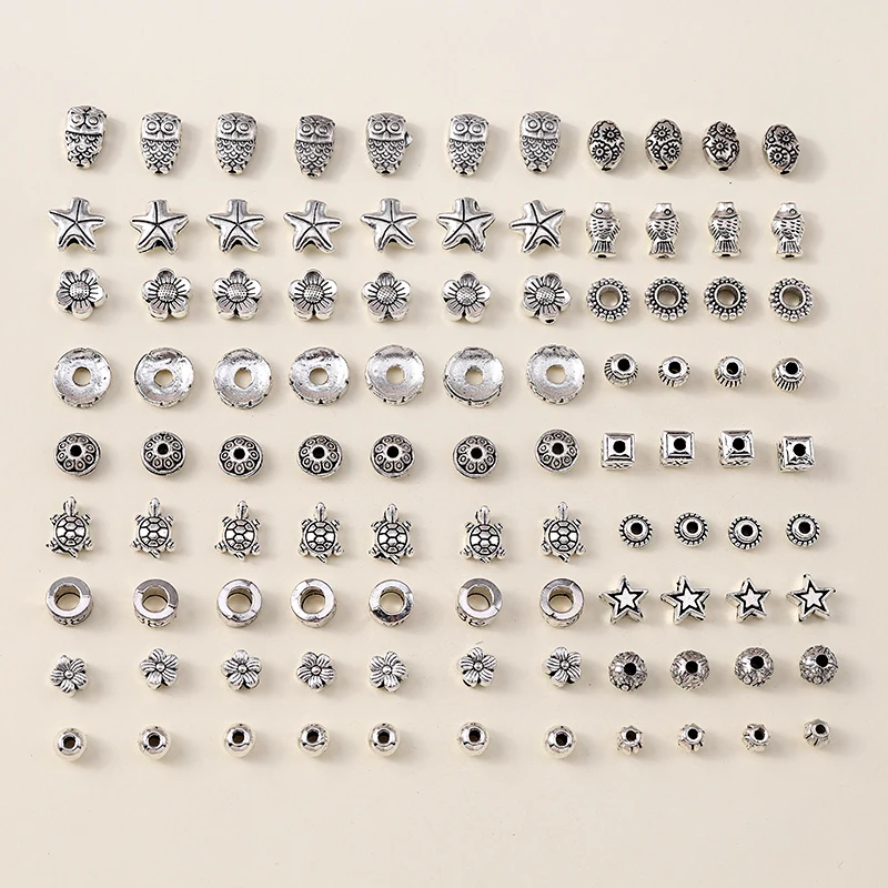 Leslie 50pcs Tibetan Antique Silver Color Metal Beads Animal Flower Round Spacer Beads for Jewelry Making DIY Bracelet Necklace