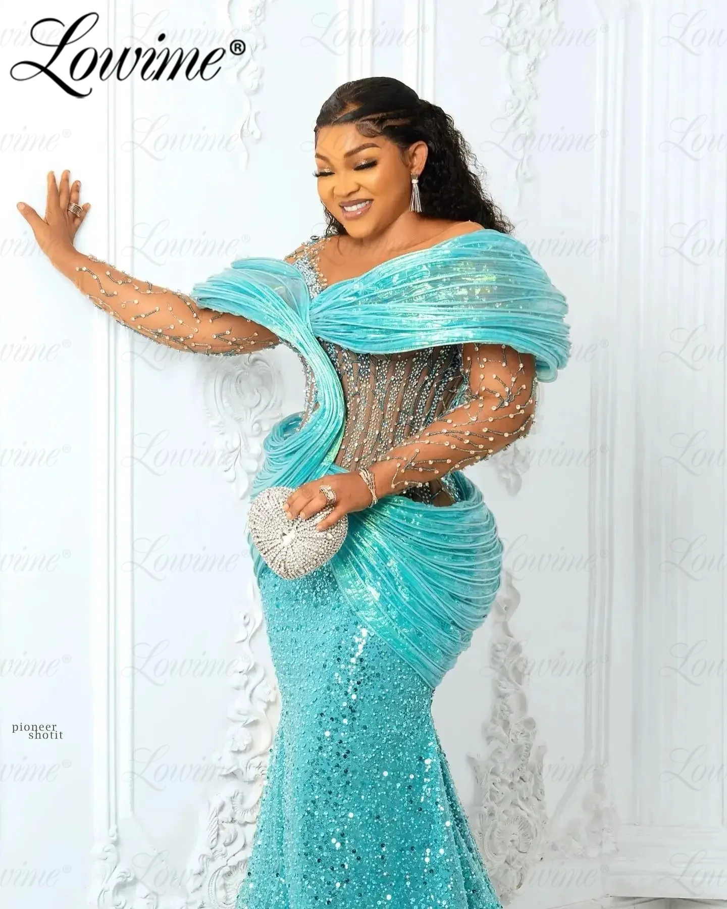 Aso Ebi Beaded Mermaid Prom Dresses African Women Aqua Blue Evening Gowns Luxury Long Sleeve Wedding Reception Prom Party Dress