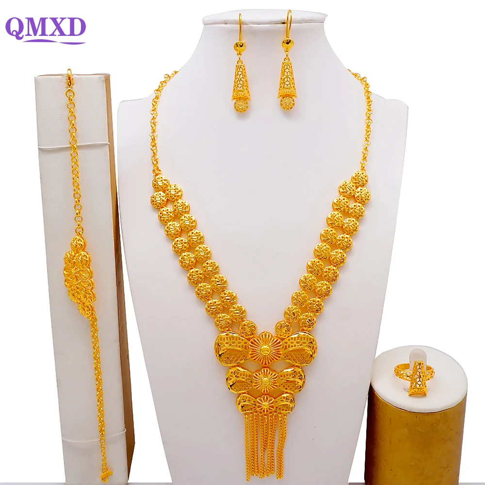 Luxury Indian Big Bow Shape Bridal Long Tassel Necklace Earrings Sets Dubai Gold Color Plated Jewelry Set Ethiopian Jewellery