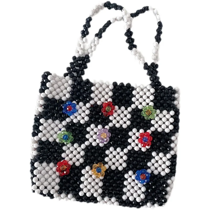 กระเป๋าถือลายสก็อตสีขาว Sli Bla สำหรับผู้หญิง ดีไซน์กระเป๋าถือขนาดเล็กประดับลูกปัด กระเป๋าถือฤดูร้อนแฟชั่นทันสมัย