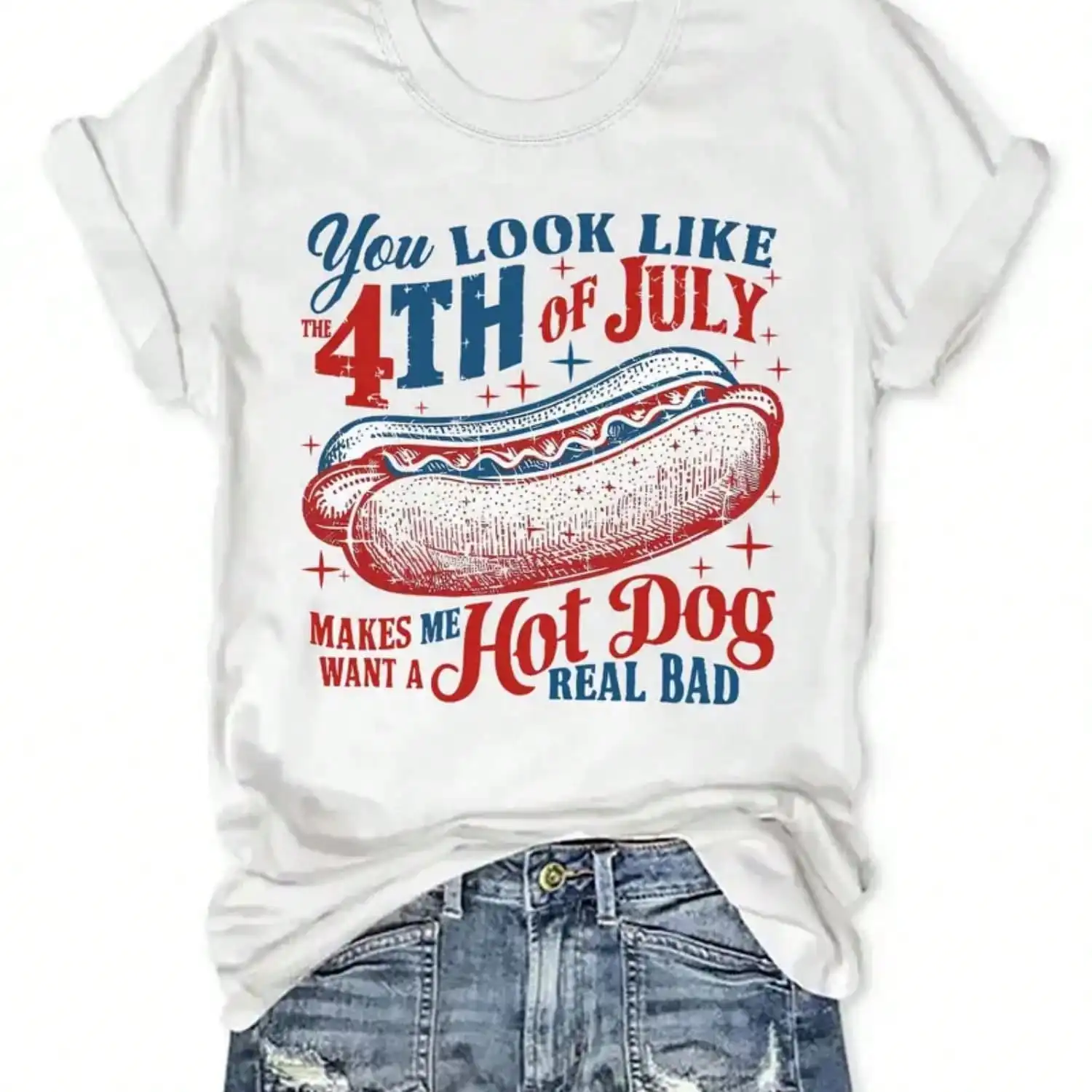 

Independence Day Hot Dog Print T-Shirt, Short Sleeve Crew Neck Casual Top For Summer & Spring, Women's Clothing