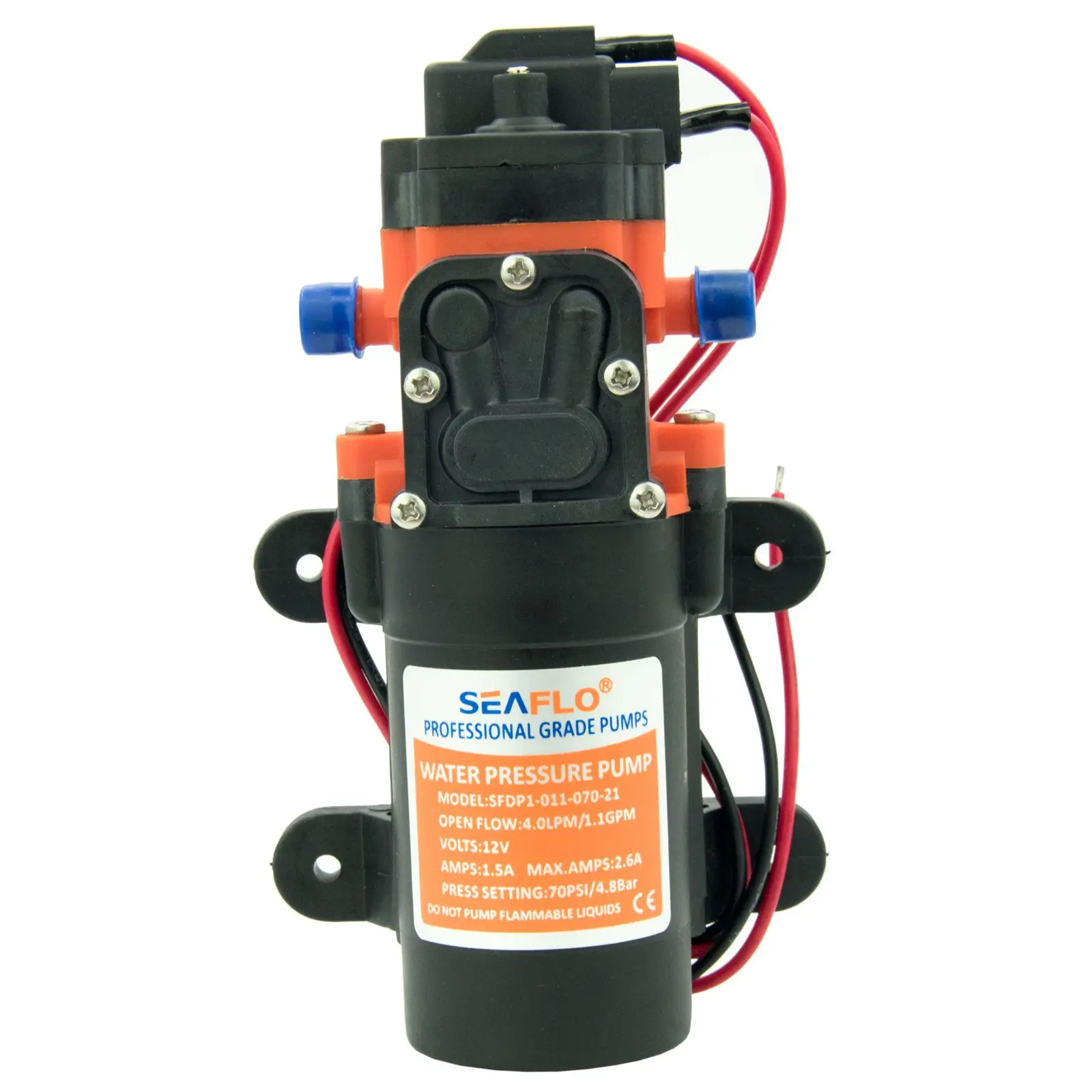 ปั๊มน้ำไดอะแฟรมแบบดูดน้ำเอง 12V 70 PSI 1.1 GPM สำหรับเรือ รถบ้าน คาราวาน ระบบน้ำจืด