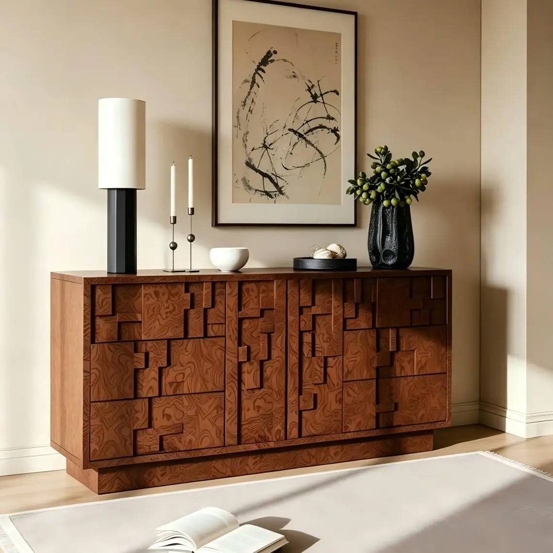 Modern Country Style Tree Bark TV Stand Cabinet Versatile Living Room Bedroom Furniture with Storage for Apartment Use Sideboard