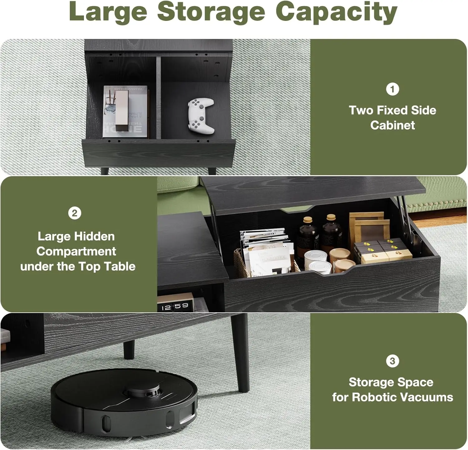 Wood Lift Top Coffee Table with Hidden Compartment and Large Storage Shelf, Café Tables