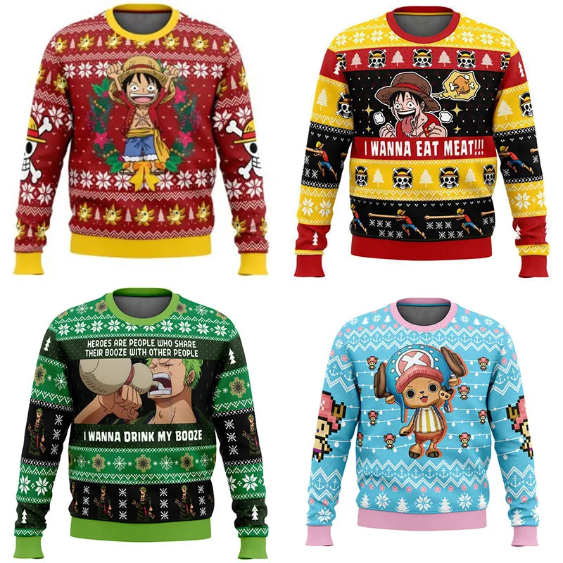 Anime One Piece Luffy Weihnachts-Hässlicher Pullover 3D Sweatshirt Oberteil Herbst Winter Cosplay Weihnachtsmann Pullover Geschenk