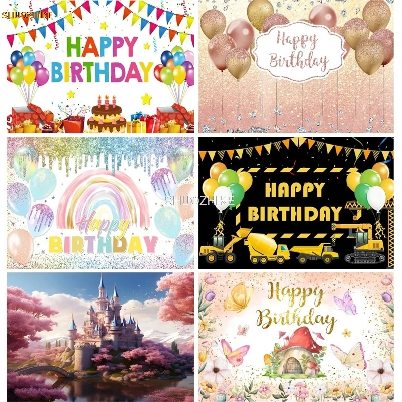 

Happy Birthday Party Decoration Newborn Photography Backdrop Props Photocall Baby Shower Excavator Photo Studio Background PK-15