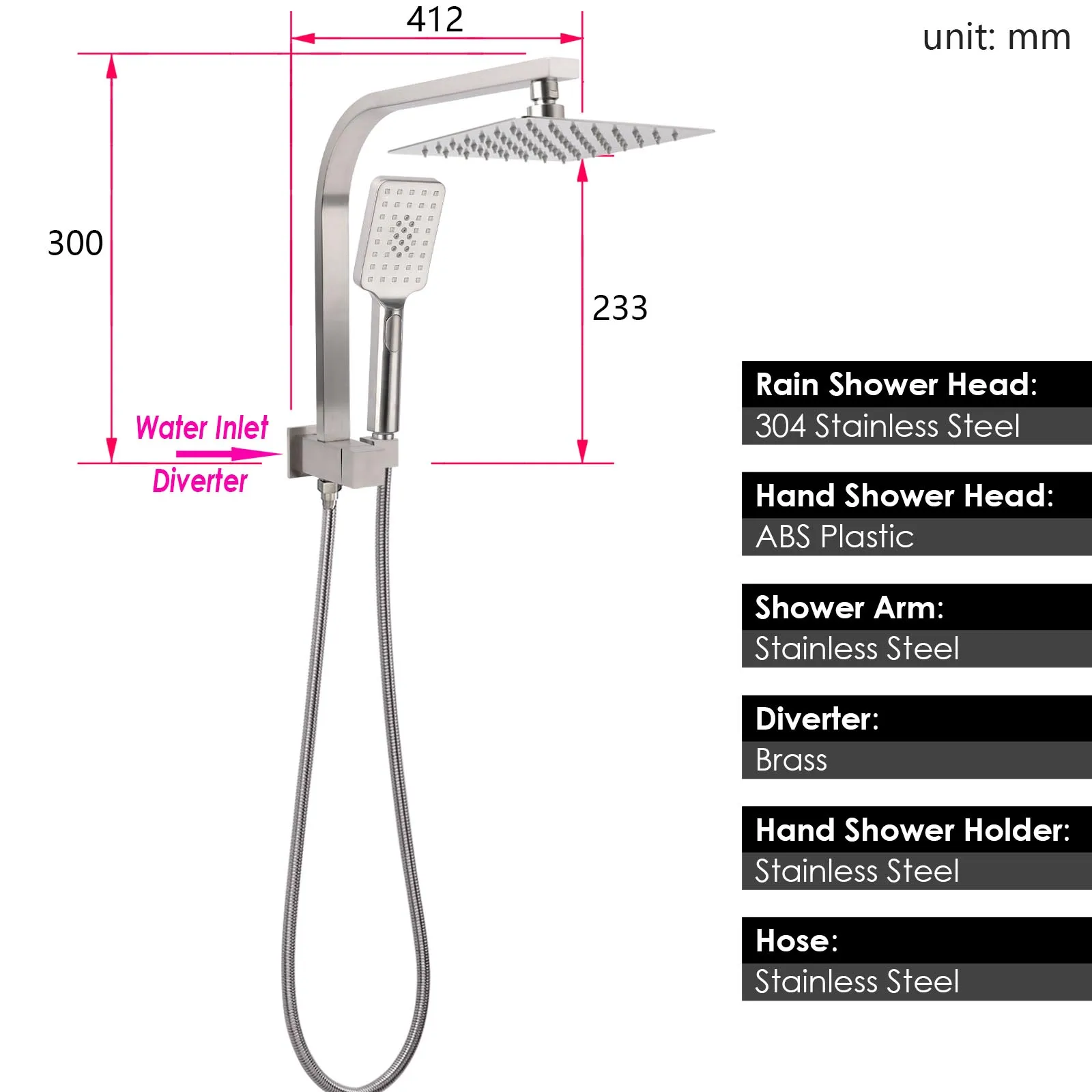 **Sydney Stock** KYLINS 2 In 1 Shower Head Set Round 8/10/12/16'' Rainfall Head Gooseneck Arm Mixer Taps Set Gun Metal Grey WELS