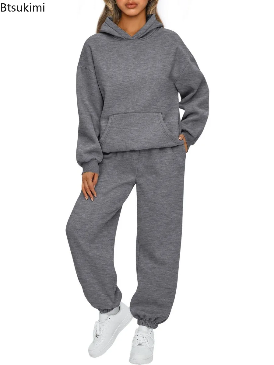 Conjunto de chándal cálido de gran tamaño para mujer, sudaderas con capucha a la moda y pantalones largos, conjunto informal de dos piezas con capucha y jersey liso