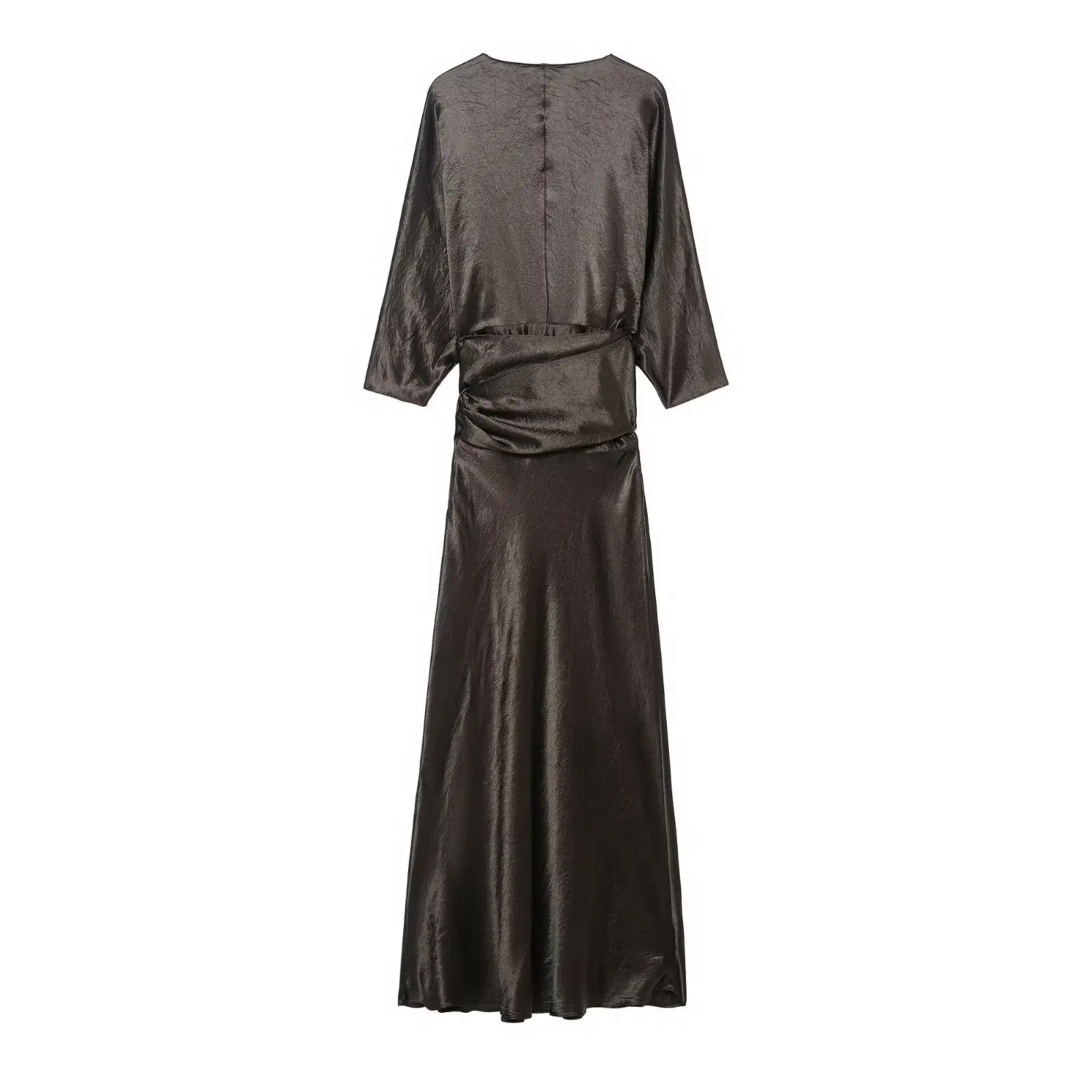 

Maxdutti French Elegant Pleated Dress Simple Satin Collect Waist Party MIDI Dress V-neck Vestidos Womens Dresses,Long Dress