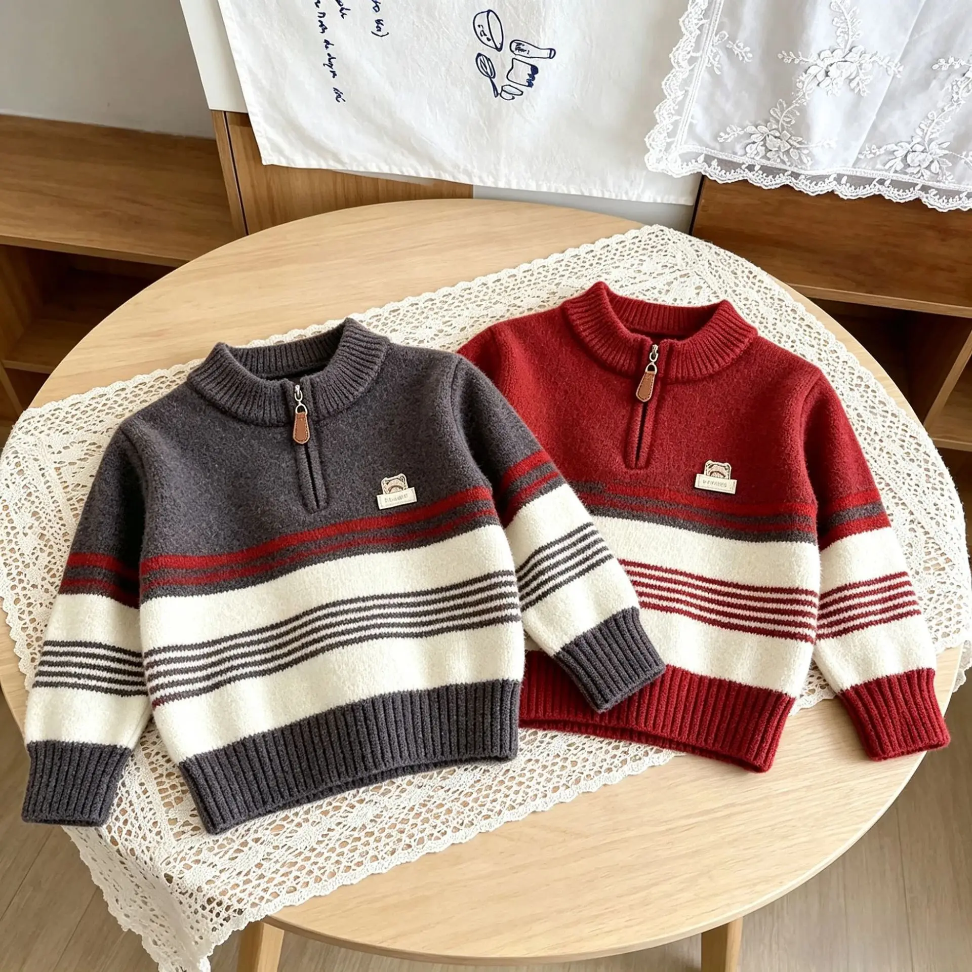 Classic Color-block Stripe Knit Pullover for Kids Boy Soft Skin-friendly Versatile Half Zipper Stand Collar Boys Sweater JY10101