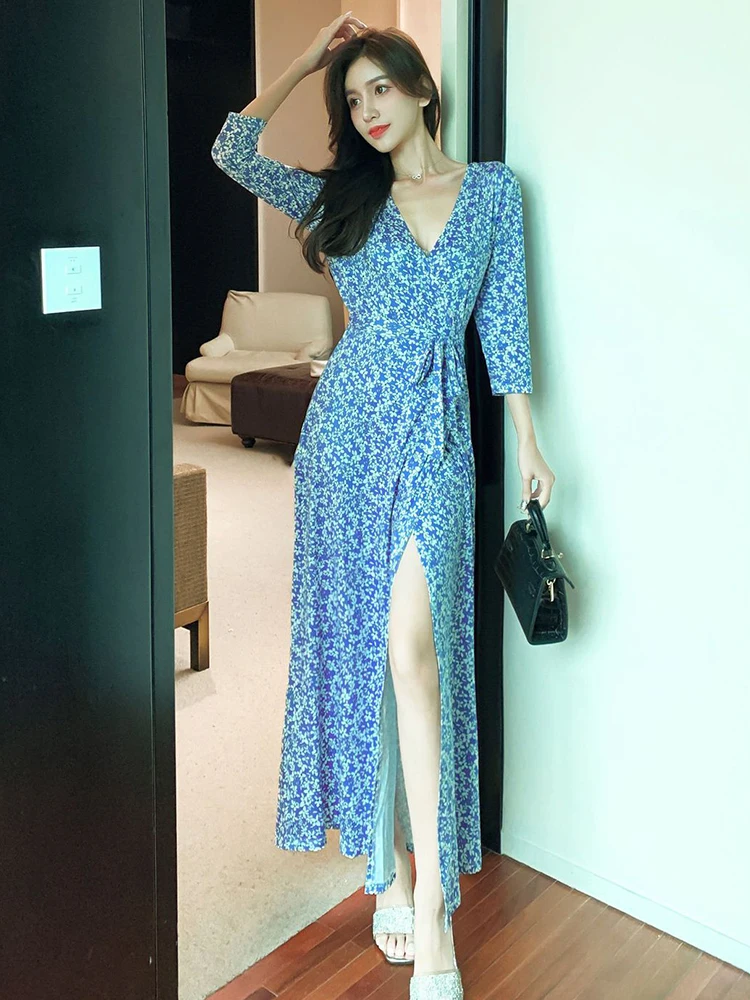 

Spring Elegant Grace Beach Vacation Wrap Dress Women Floral V-Neck Lace-up Maxi Robe Slim Slit Female Gown Vestido Lady Clothes