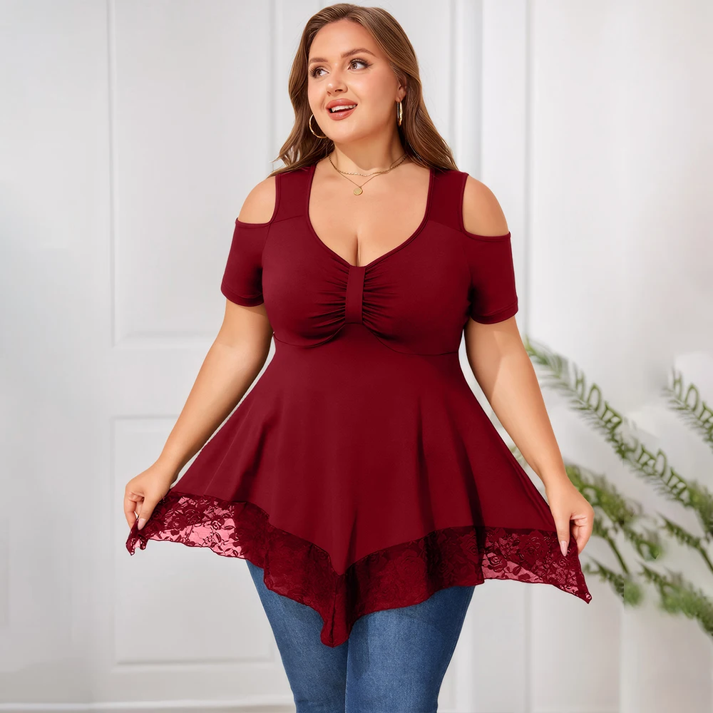 Túnica de talla grande para mujer, Tops elegantes de encaje liso con cuello en V y manga con hombros descubiertos, blusa informal de verano para mujer, camisetas 1XL-5XL